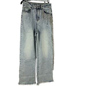 Blueb. Medium Wash Frayed Hem Jeans With Rhinestone Detailing For Women